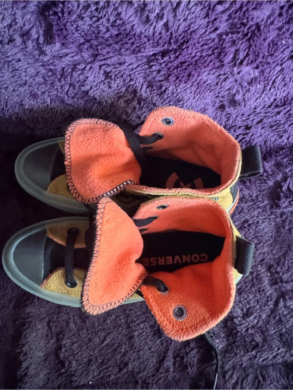 Converse High Top Sneakers in Camel Brown with Orange Accents and Fleece Lining